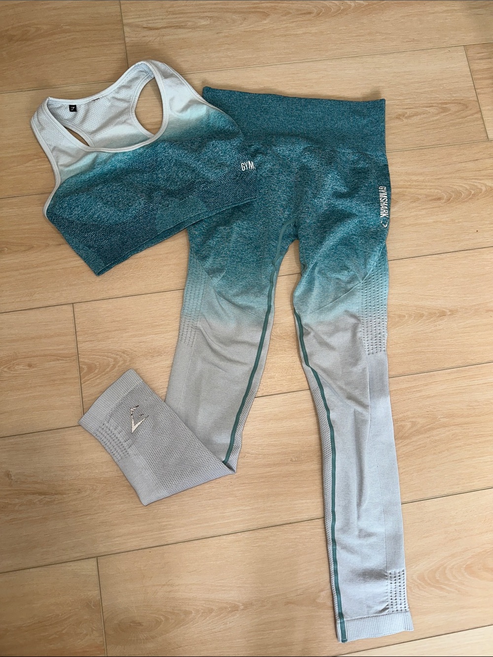 Gymshark Teal to Light Gray Ombre Seamless Leggings & Sports Bra Set